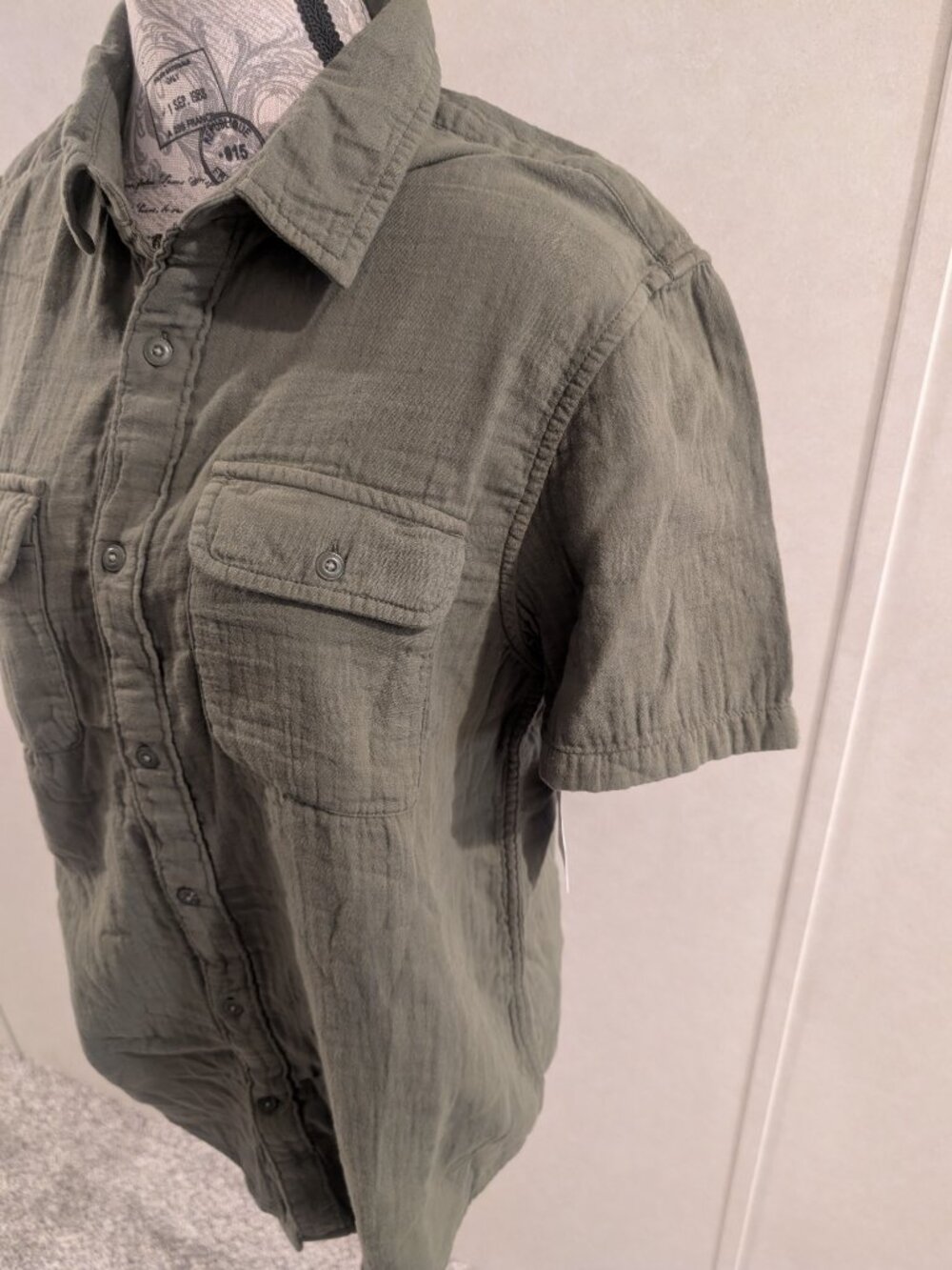 NWT Lucky Brand Olive Green Short Double Gauze Utility Button Front Shirt Small - Picture 5 of 8